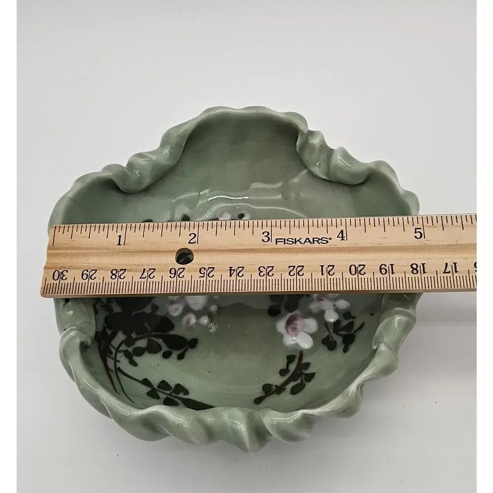 Antique Japanese Meiji Celadon Porcelain Brush Washer Cherry Blossoms